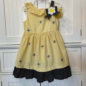 Yellow Seersucker Gingham Bumblebee Dress w/ Daisy Bow & Polka Dot Ruffle Hem